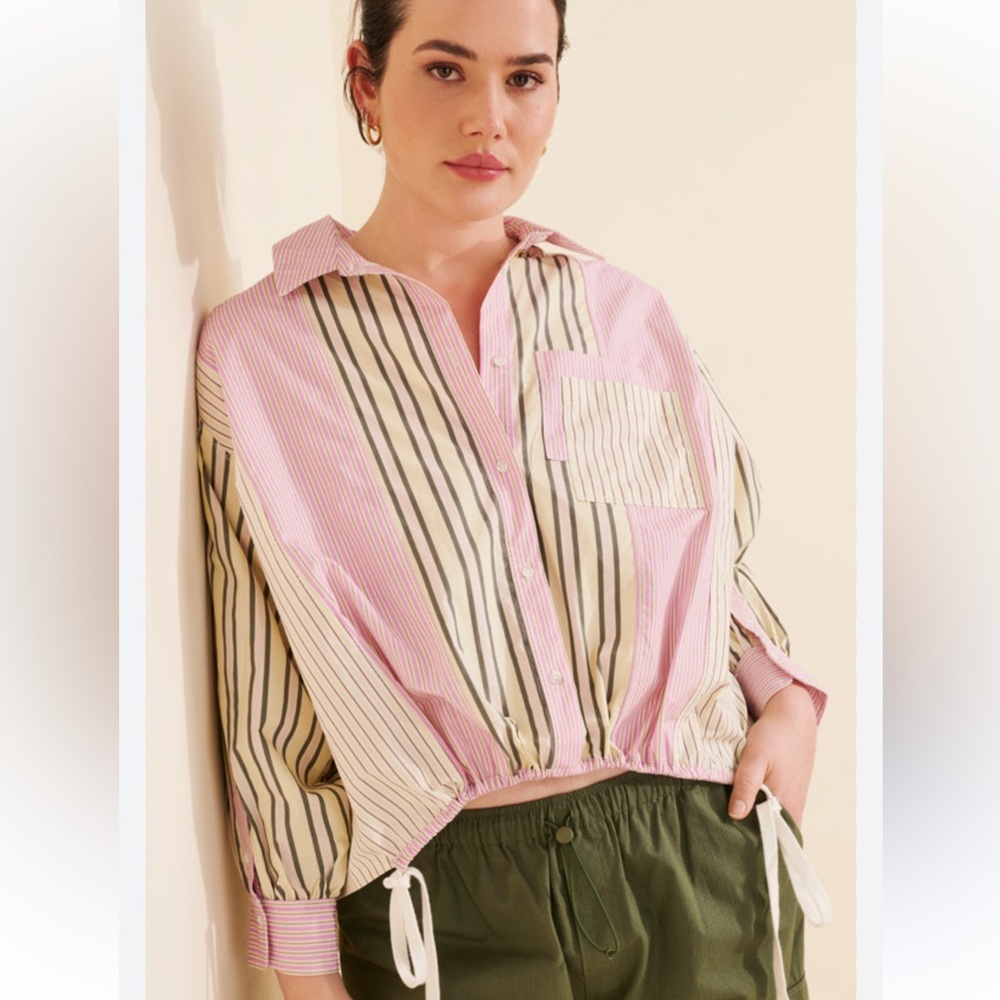 Anthropologie Striped Drawstring Button-Front Blouse. Size M (can fit up to XL)
